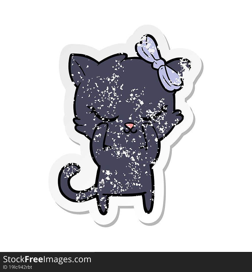 Distressed Sticker Of A Cute Cartoon Cat With Bow