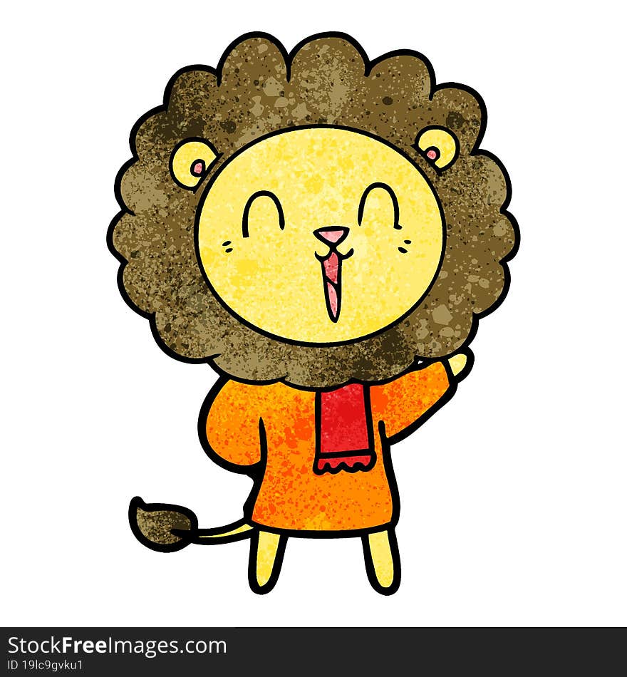 laughing lion cartoon in winter clothes. laughing lion cartoon in winter clothes