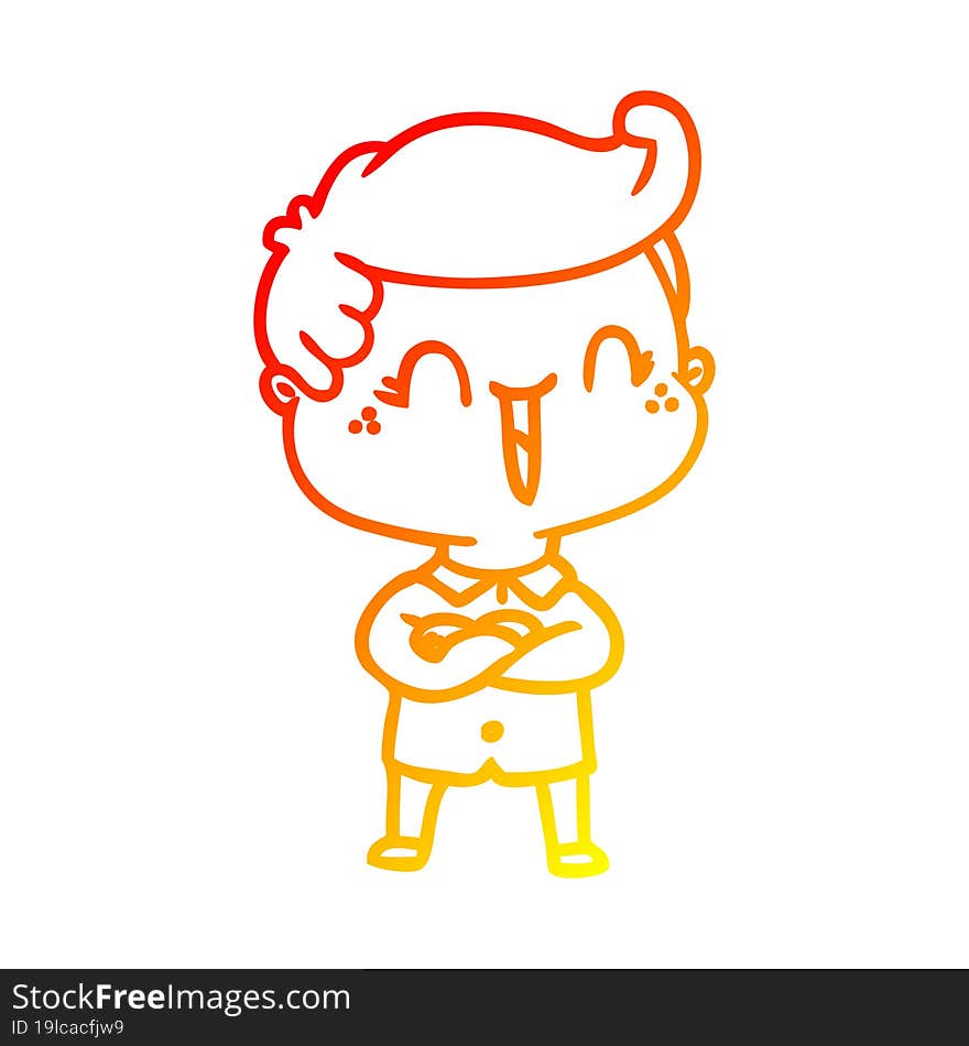 warm gradient line drawing of a cartoon laughing boy crossing arms