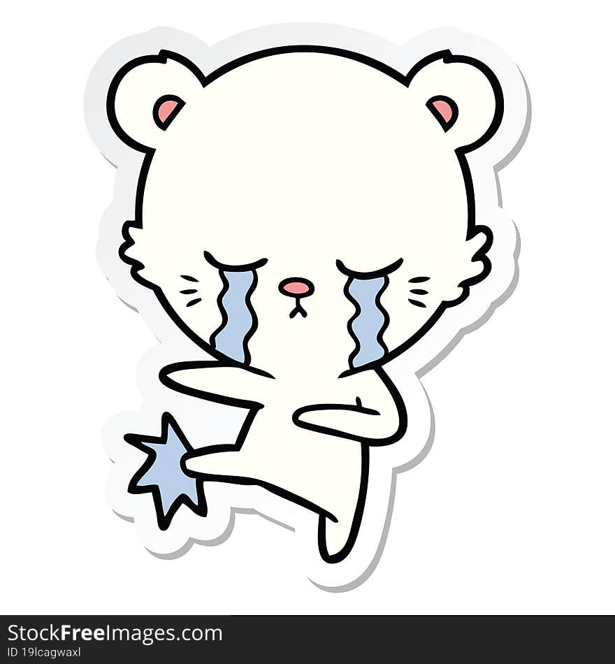 sticker of a crying cartoon polar bear kicking out