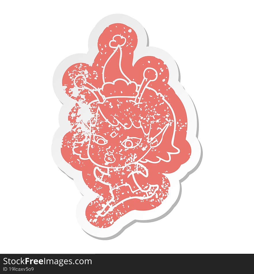 pretty cartoon distressed sticker of a alien girl running wearing santa hat