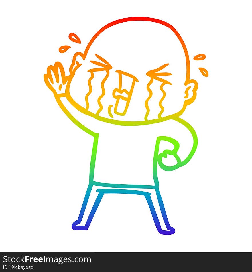 Rainbow Gradient Line Drawing Cartoon Crying Bald Man