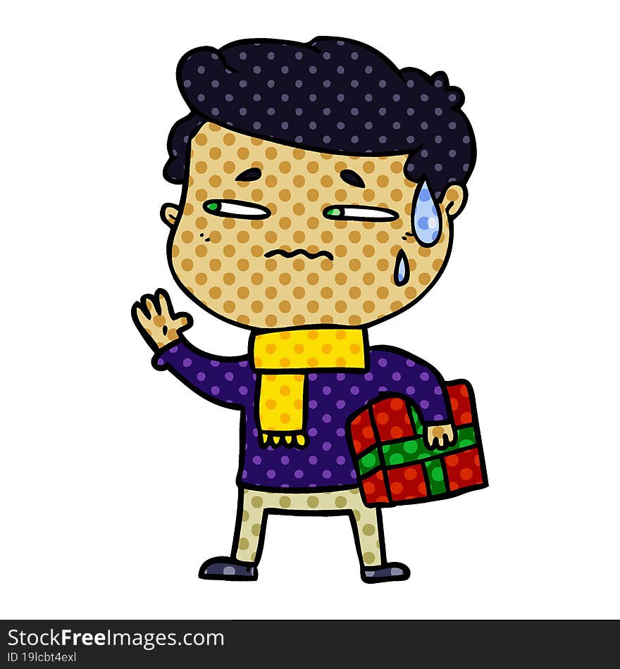 cartoon anxious man with christmas gift. cartoon anxious man with christmas gift