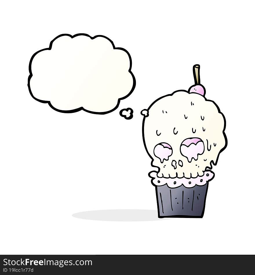 cartoon spooky skull cupcake with thought bubble