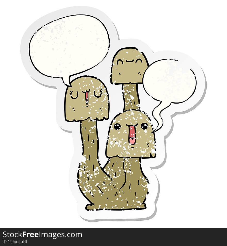 cartoon mushroom and speech bubble distressed sticker