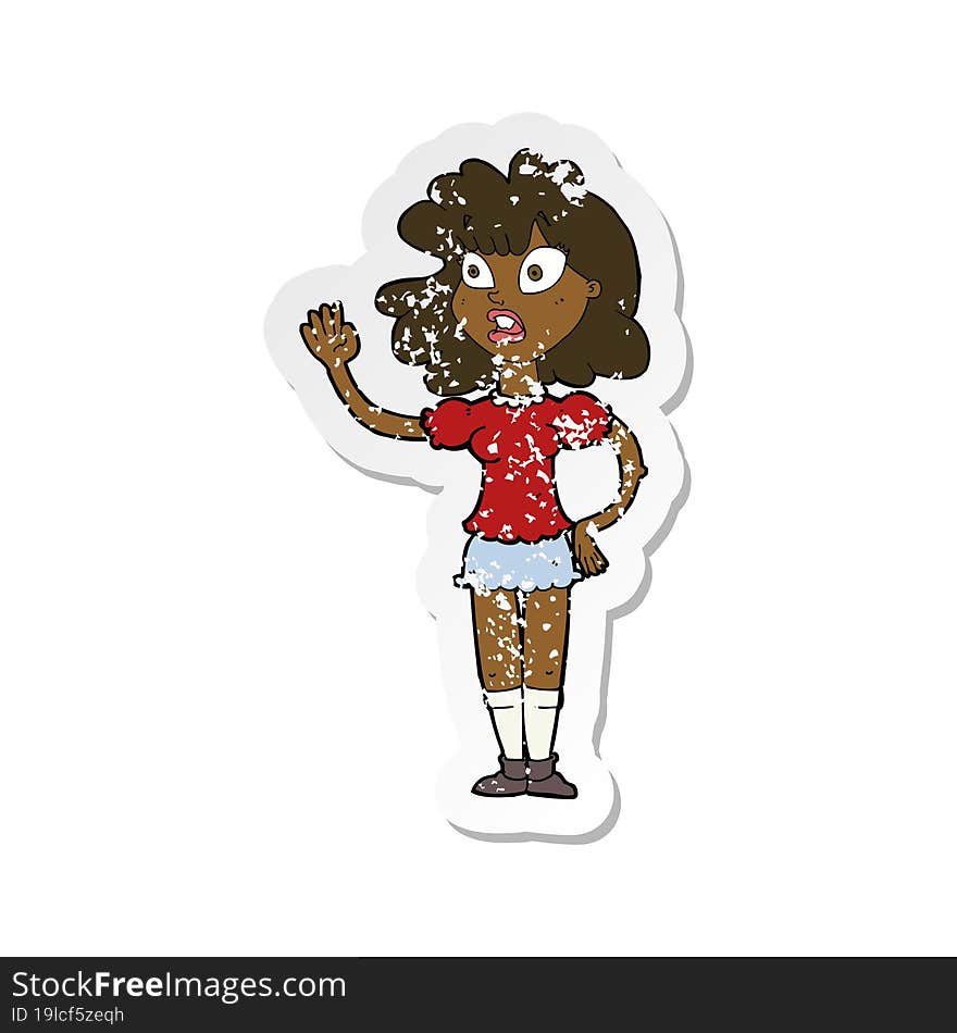 Retro Distressed Sticker Of A Cartoon Worried Woman Waving