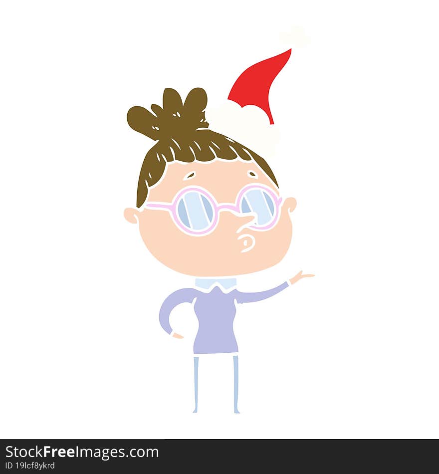 hand drawn flat color illustration of a woman wearing glasses wearing santa hat