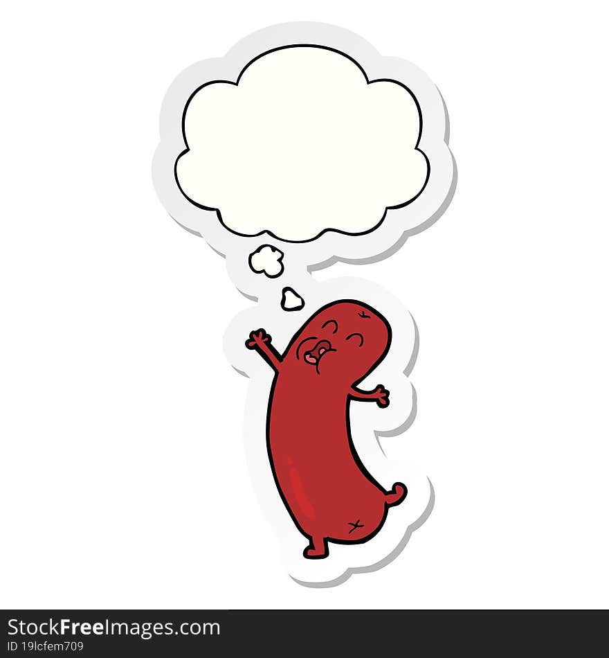 cartoon dancing sausage and thought bubble as a printed sticker