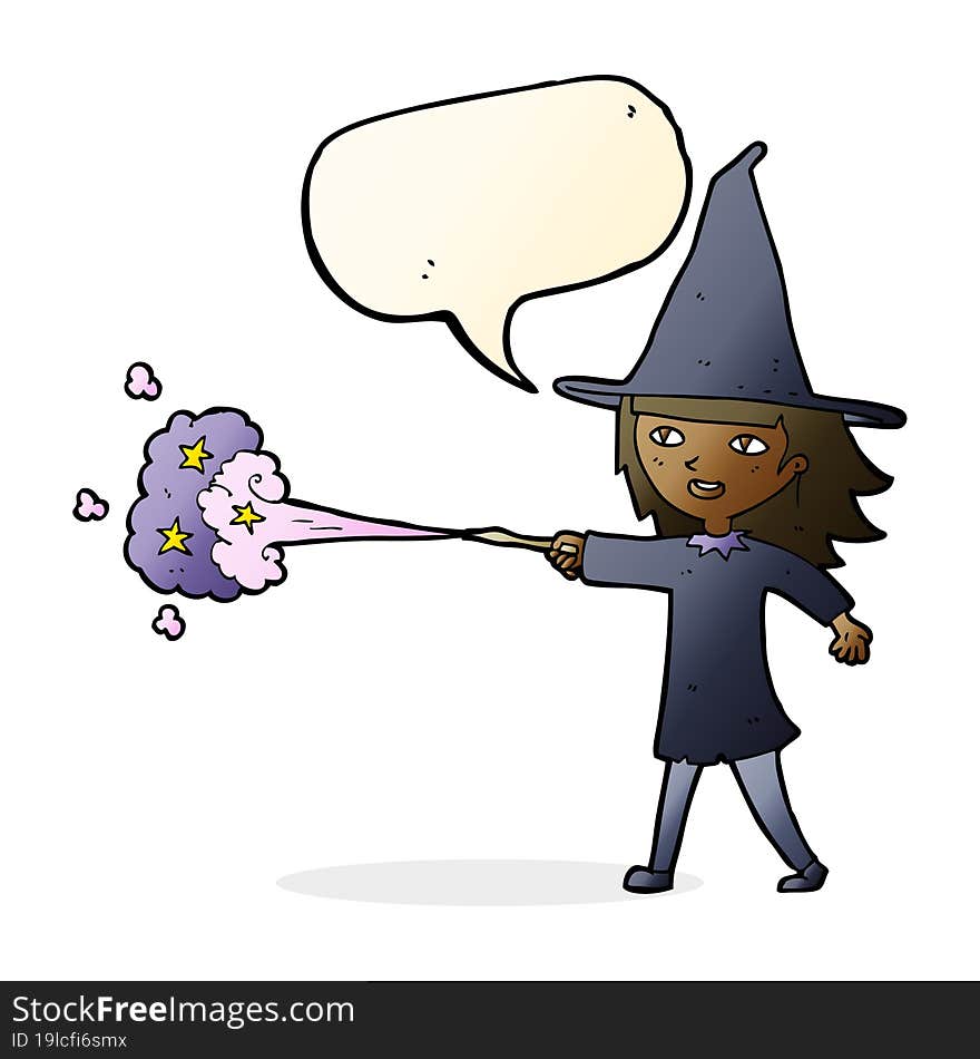 cartoon witch girl casting spell with speech bubble