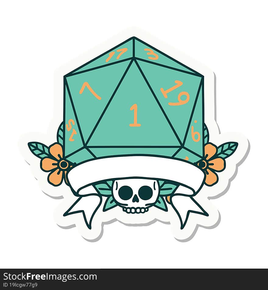 sticker of a natural one d20 dice roll. sticker of a natural one d20 dice roll