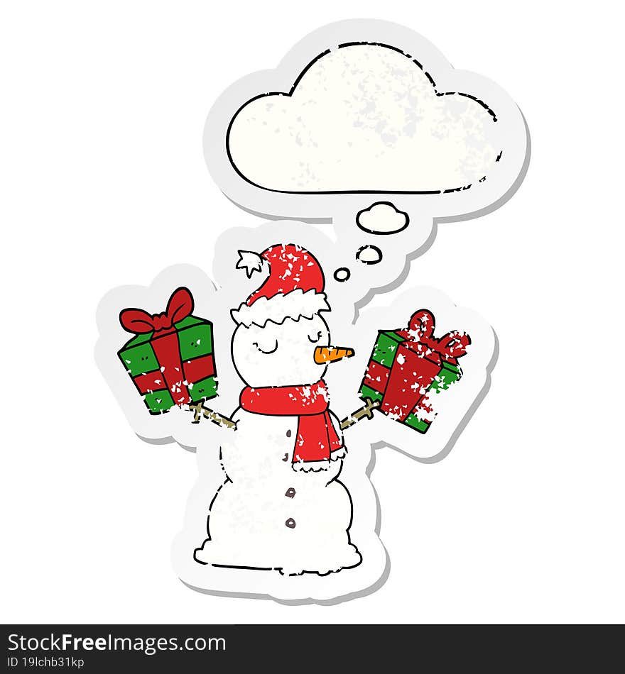 cartoon snowman and thought bubble as a distressed worn sticker