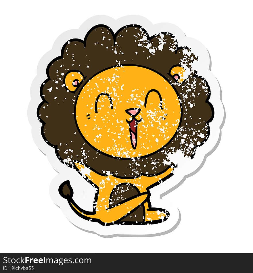 distressed sticker of a laughing lion cartoon