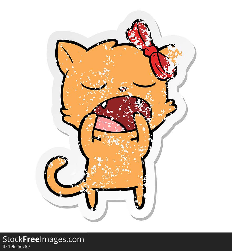 distressed sticker of a cartoon yawning cat