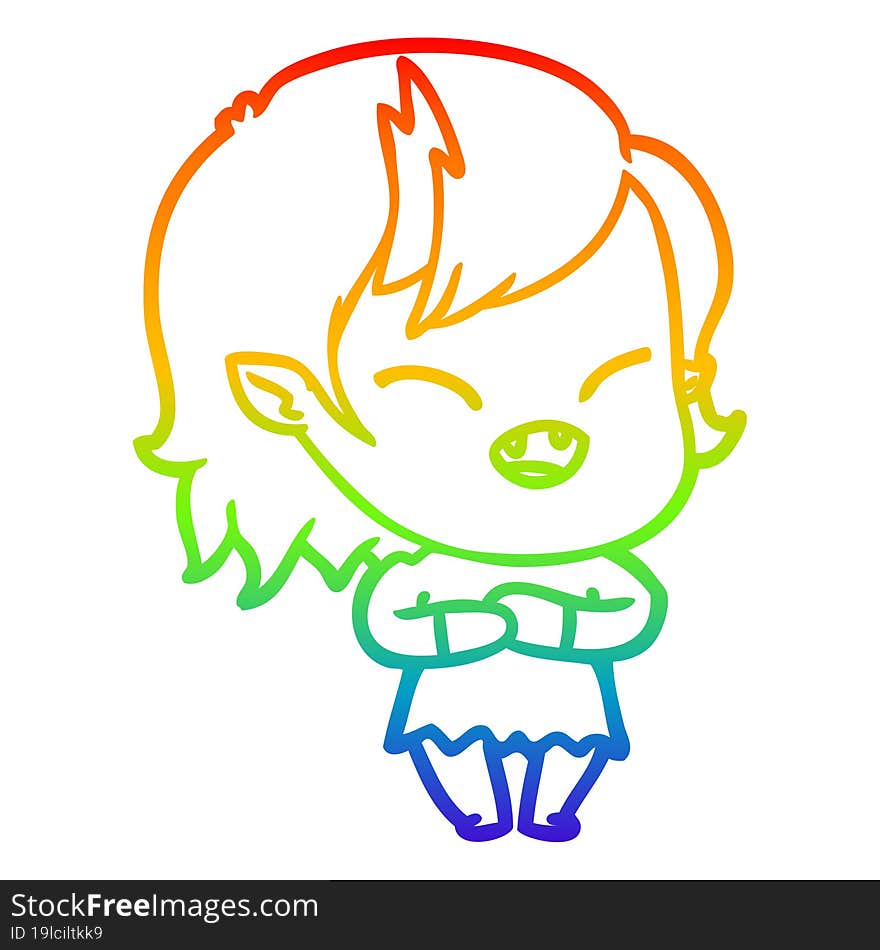 Rainbow Gradient Line Drawing Cartoon Laughing Vampire Girl