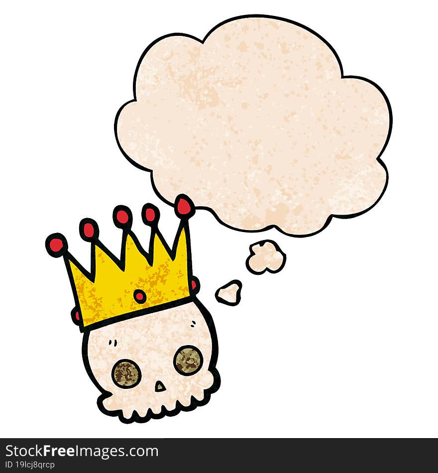 cartoon skull with crown and thought bubble in grunge texture pattern style