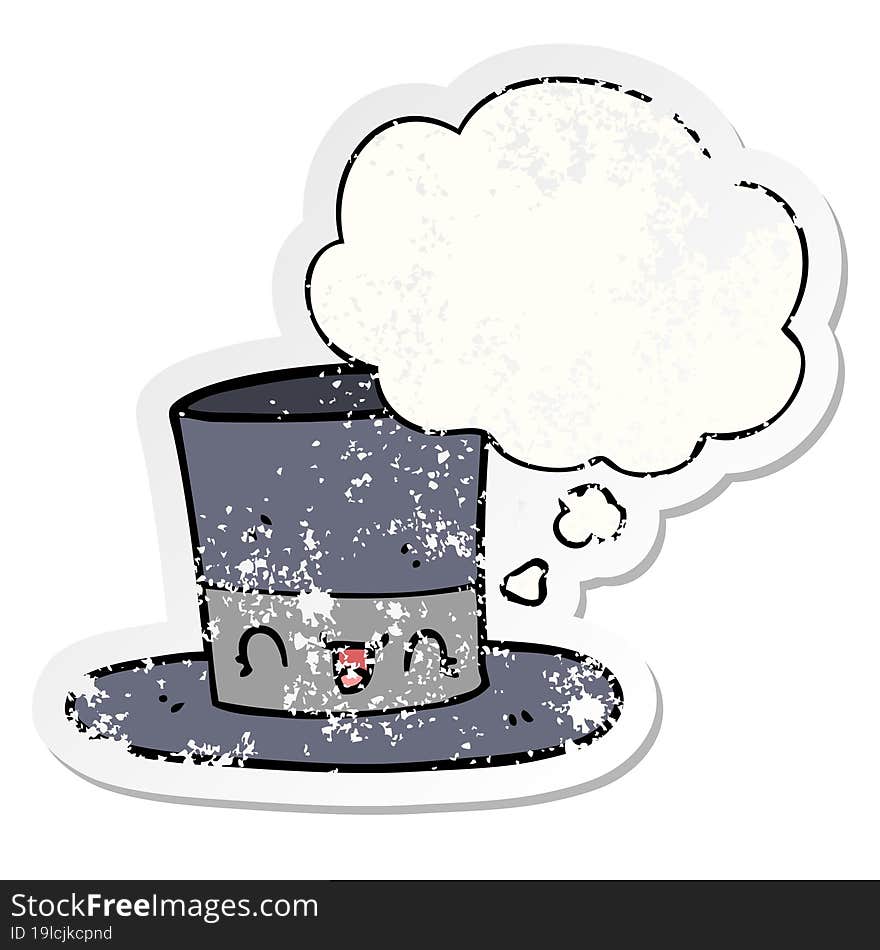 cartoon top hat and thought bubble as a distressed worn sticker