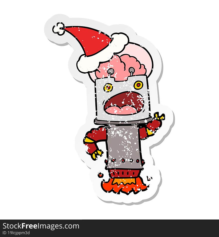 distressed sticker cartoon of a robot wearing santa hat