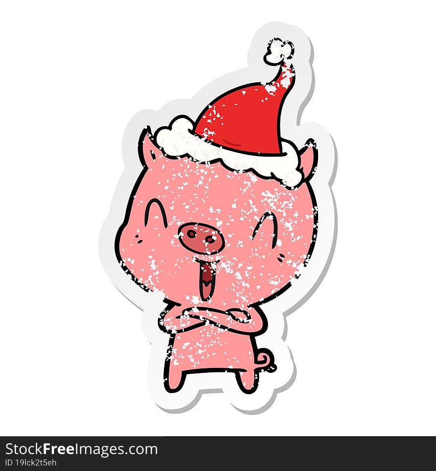 happy distressed sticker cartoon of a pig wearing santa hat