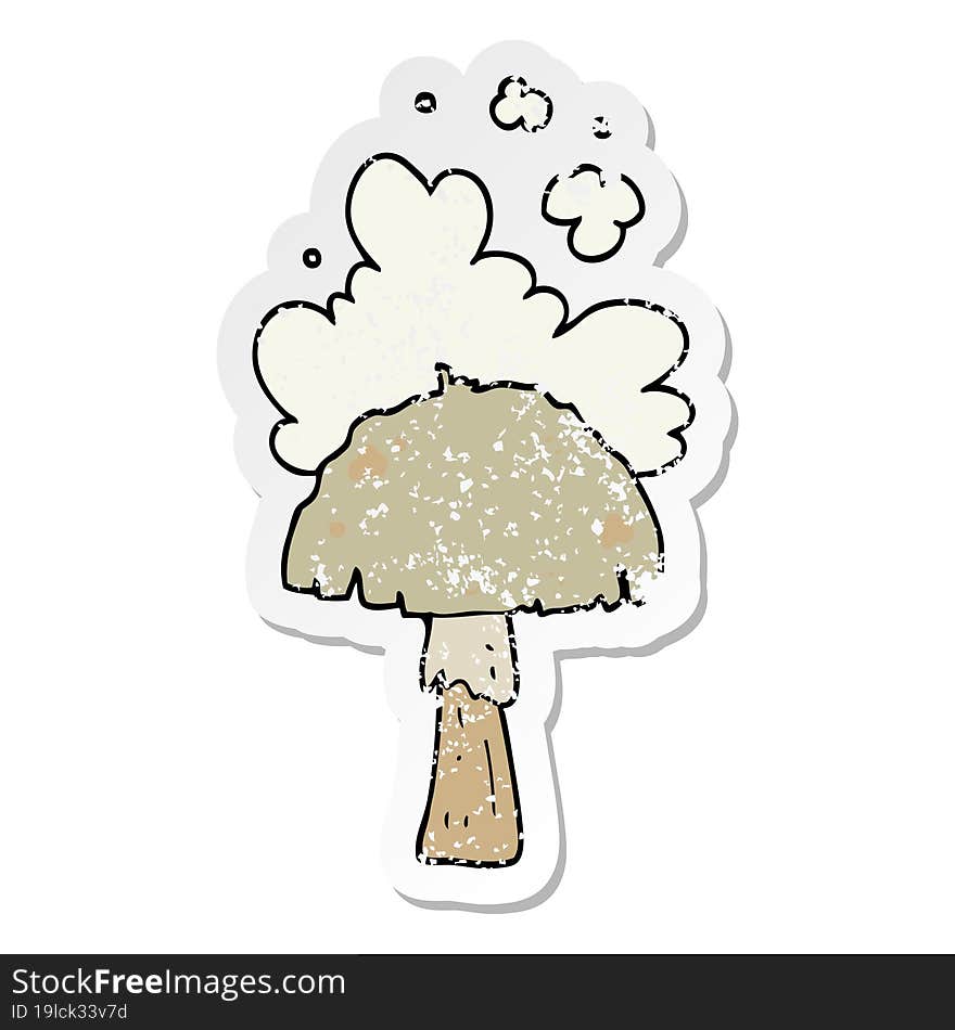 distressed sticker of a cartoon mushroom with spore cloud