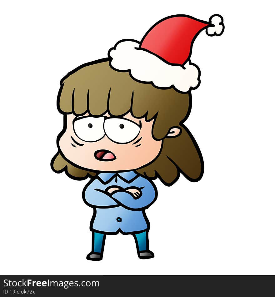 gradient cartoon of a tired woman wearing santa hat