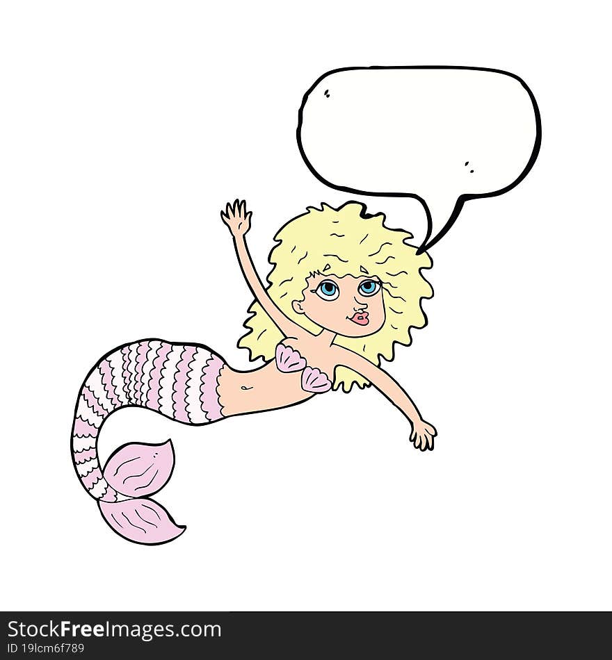 cartoon pretty mermaid waving with speech bubble