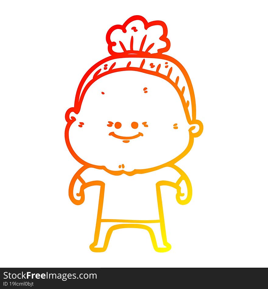 warm gradient line drawing of a cartoon happy old woman