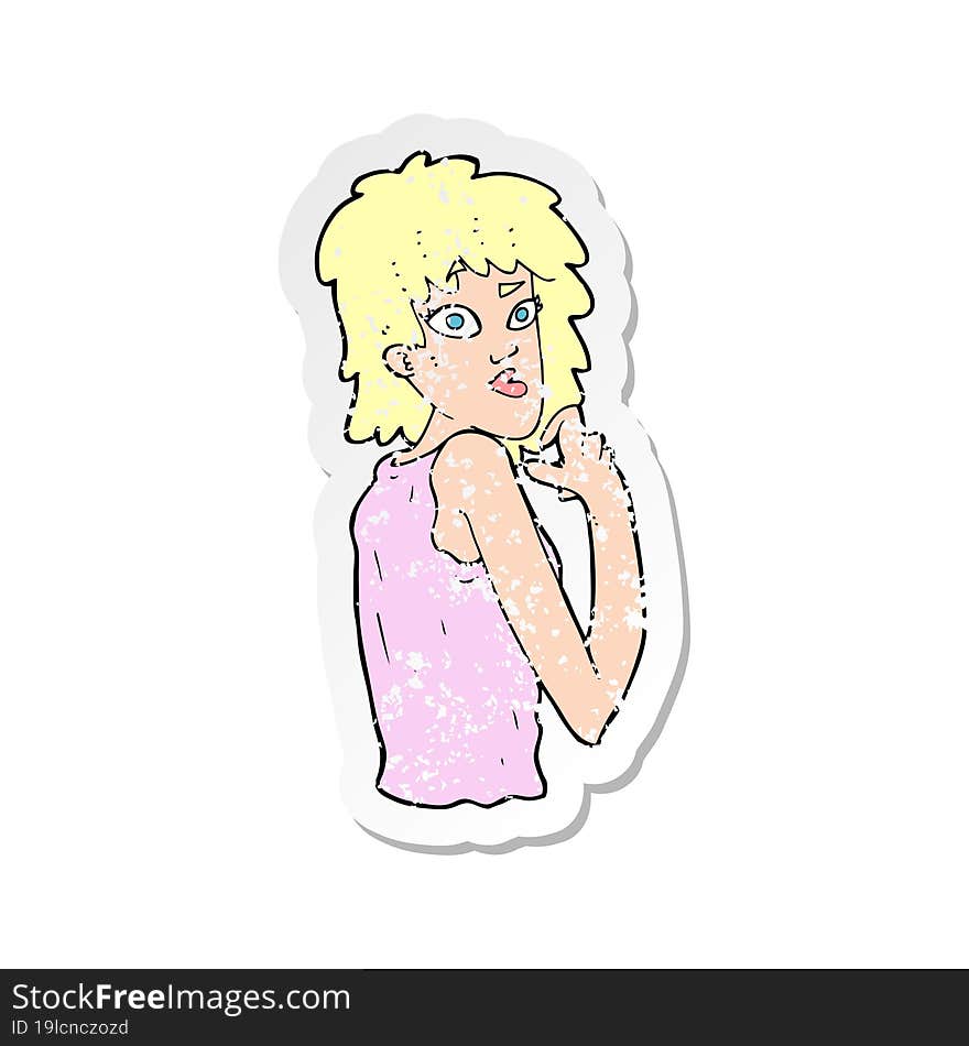 retro distressed sticker of a cartoon surprised woman