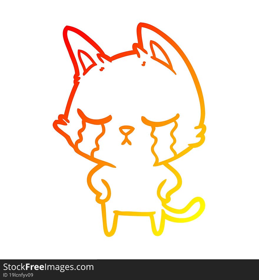 warm gradient line drawing of a crying cartoon cat