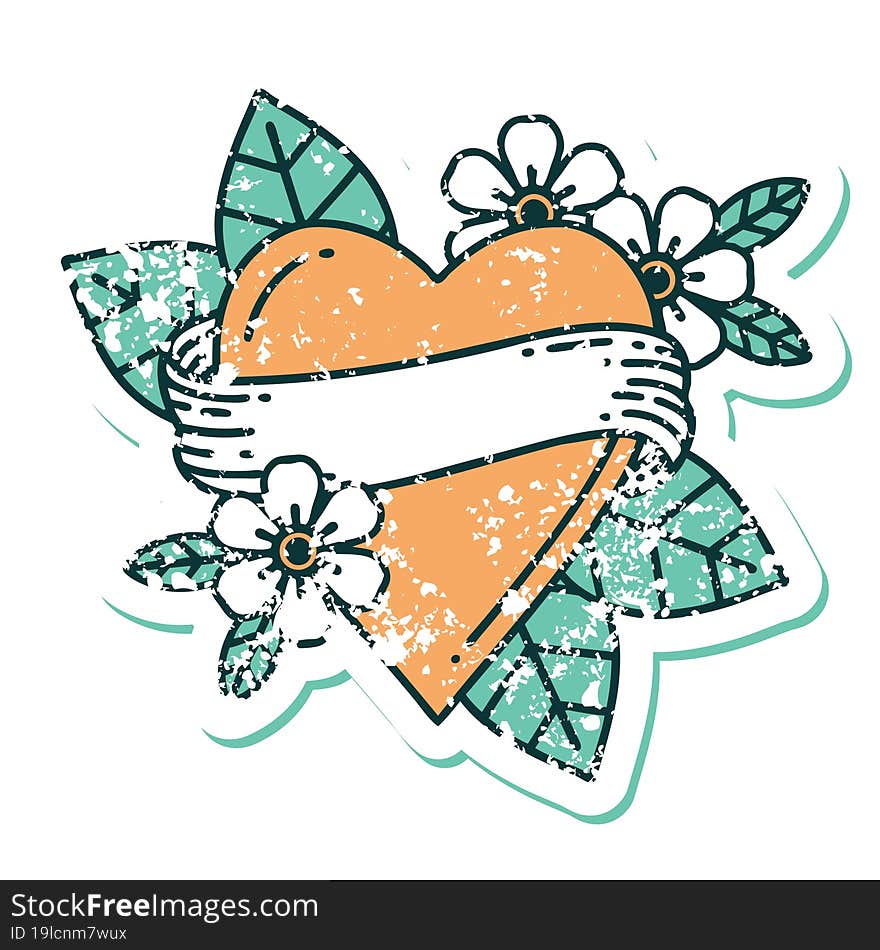 Distressed Sticker Tattoo Style Icon Of A Heart And Banner