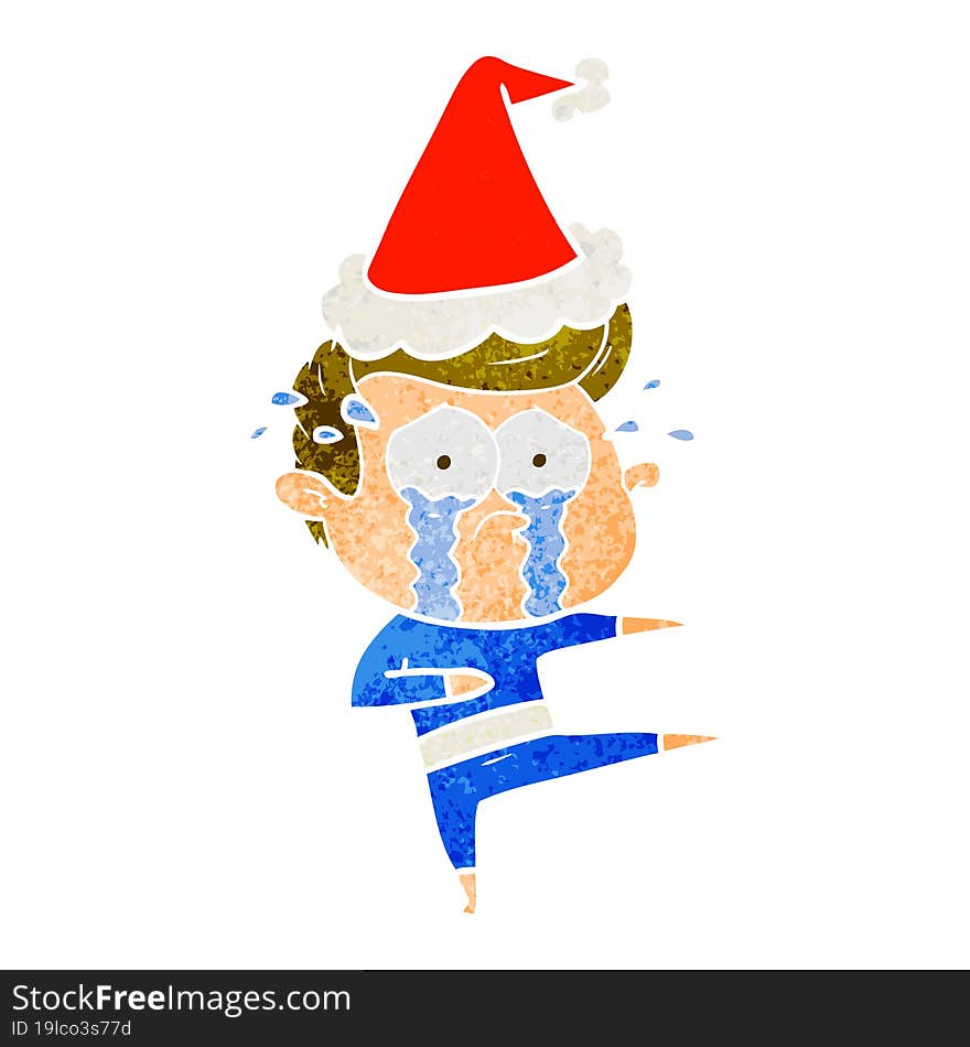 hand drawn retro cartoon of a crying dancer wearing santa hat