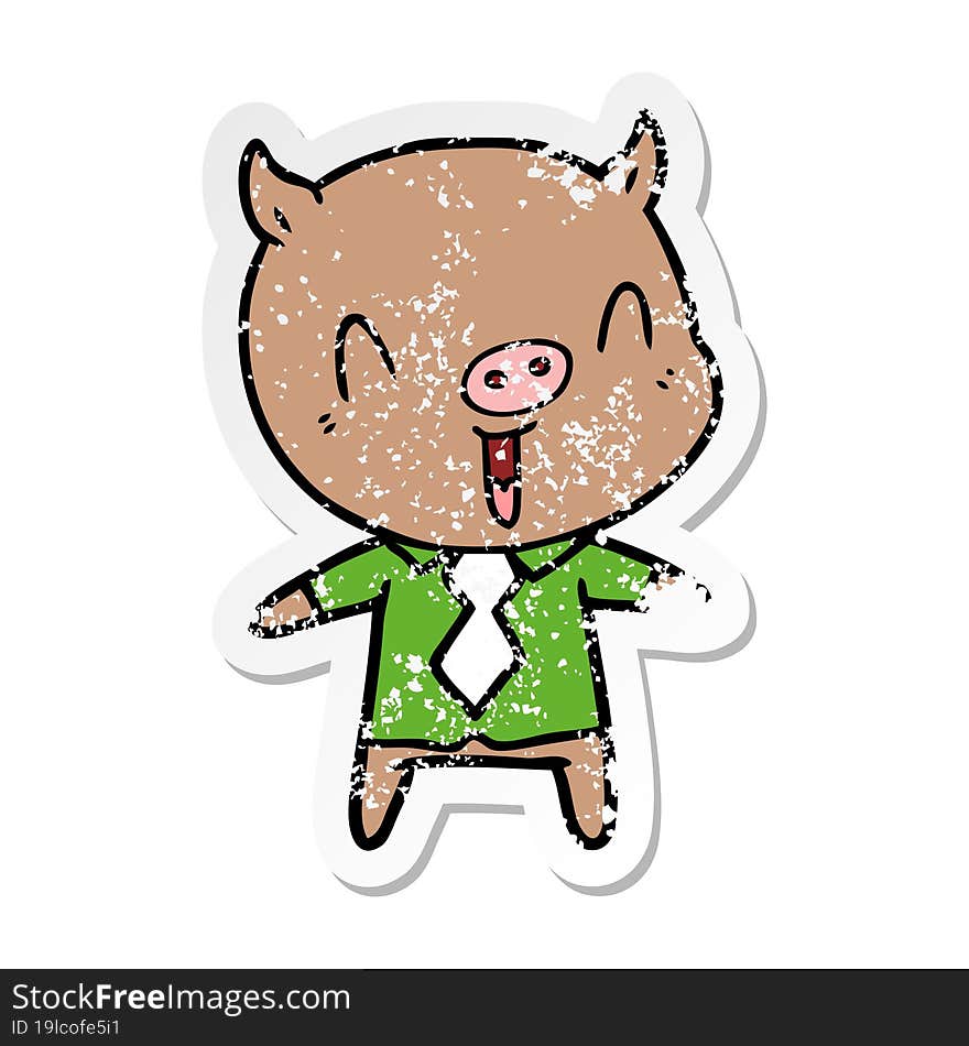 Distressed Sticker Of A Happy Cartoon Pig Wearing Shirt And Tie