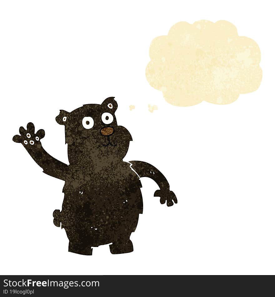 cartoon waving black bear with thought bubble