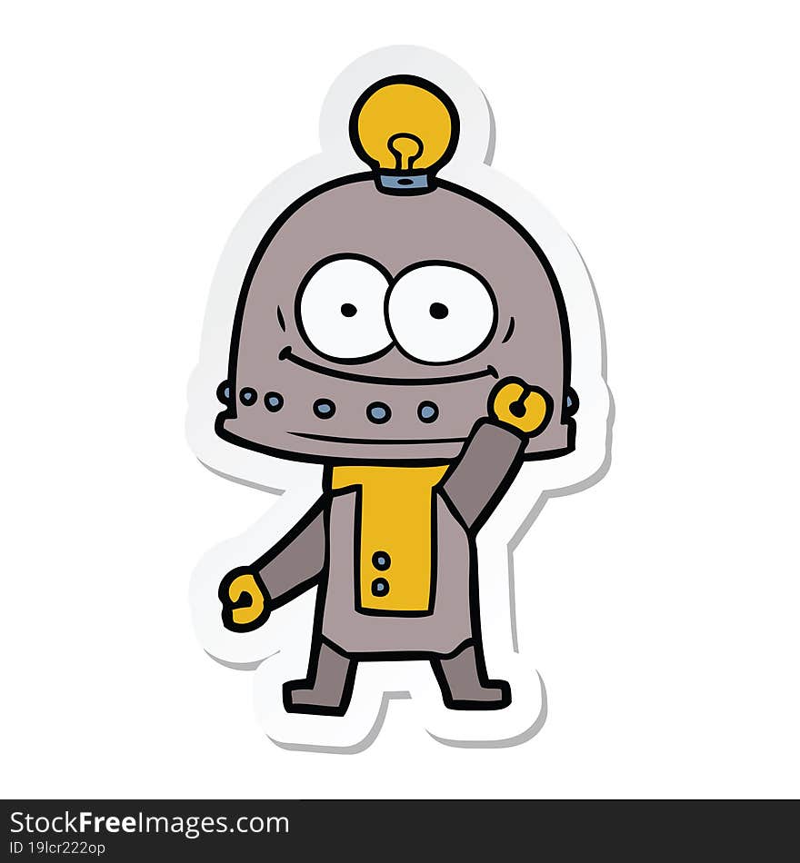 sticker of a happy carton robot with light bulb