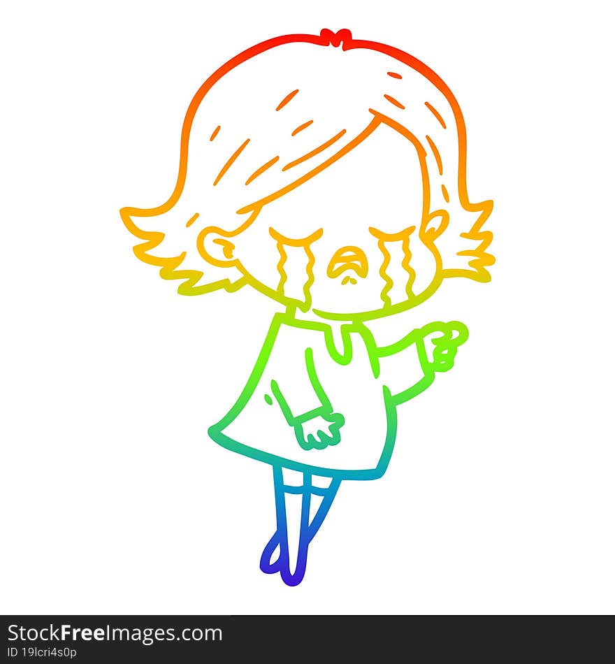 rainbow gradient line drawing of a cartoon girl crying