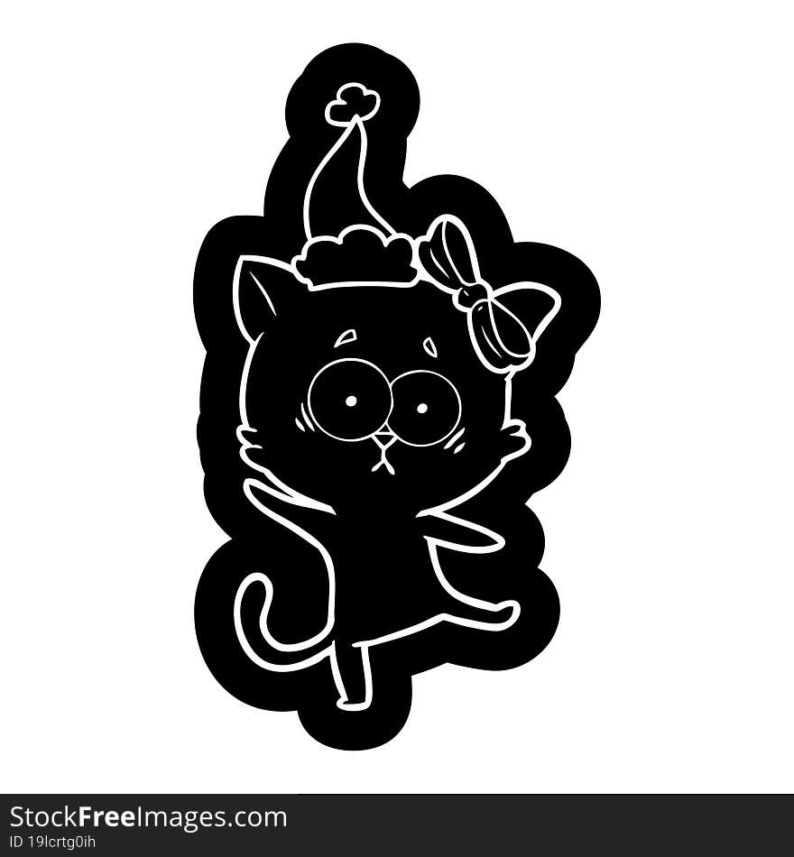 quirky cartoon icon of a cat wearing santa hat