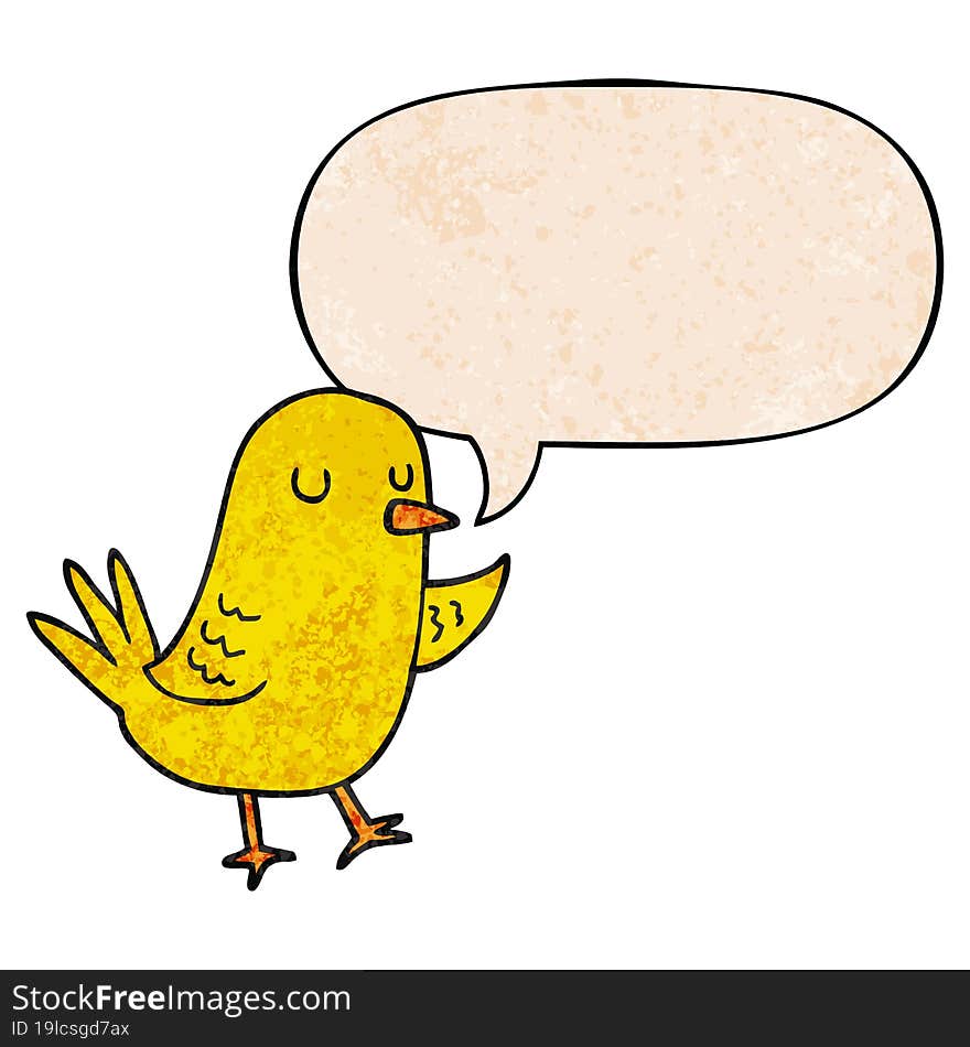 cartoon bird and speech bubble in retro texture style