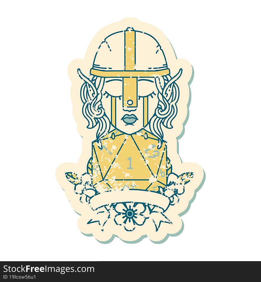 crying elf fighter character face with natural one D20 roll illustration