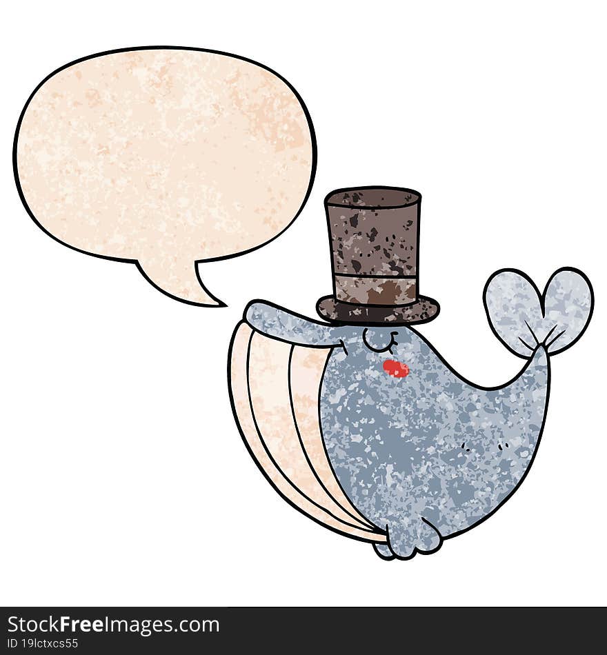 cartoon whale and top hat and speech bubble in retro texture style