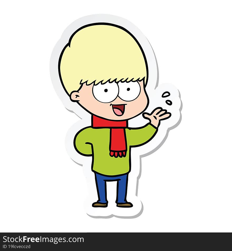 sticker of a happy cartoon boy waving