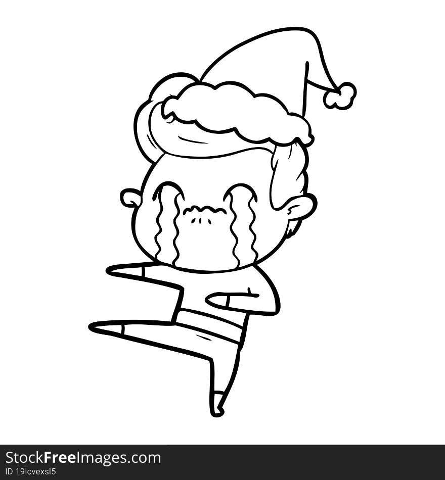 line drawing of a man crying wearing santa hat