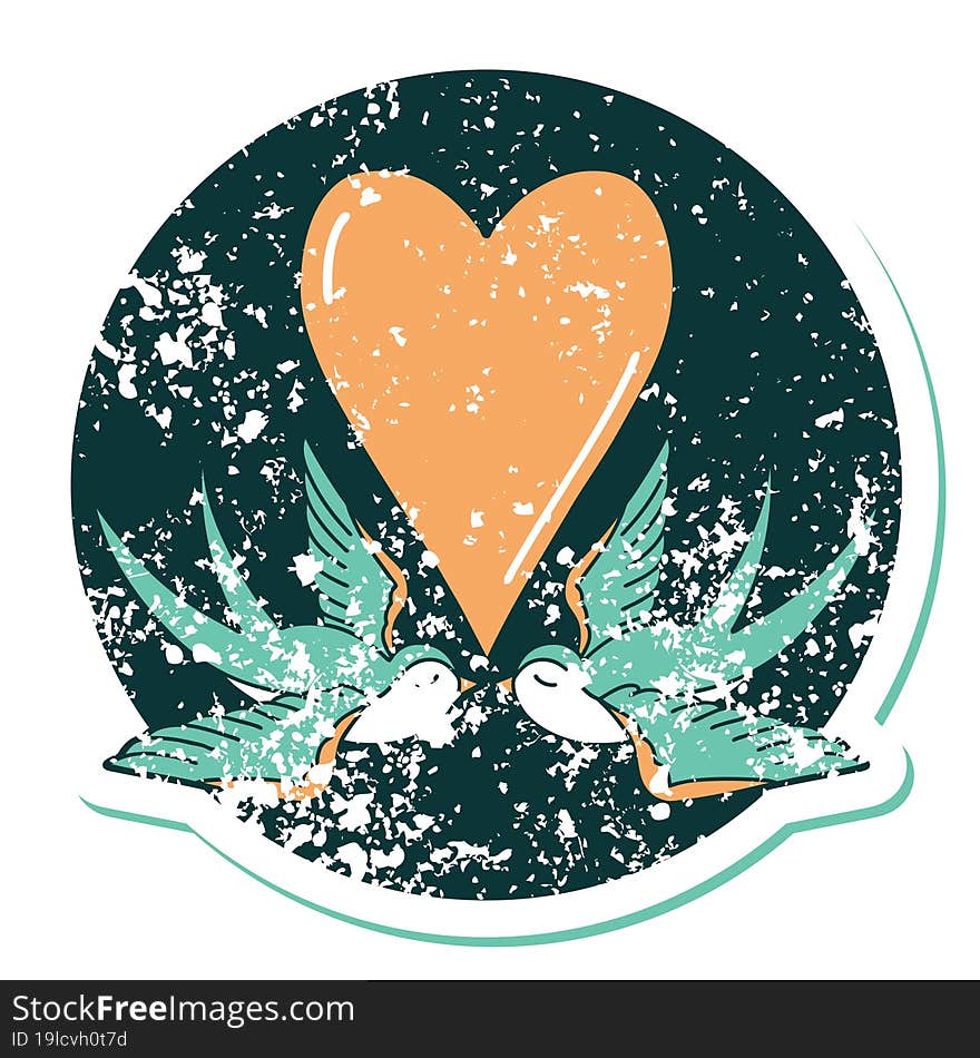 Distressed Sticker Tattoo Style Icon Of A Swallows And A Heart