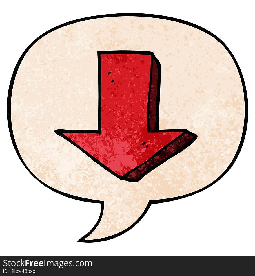 cartoon pointing arrow and speech bubble in retro texture style