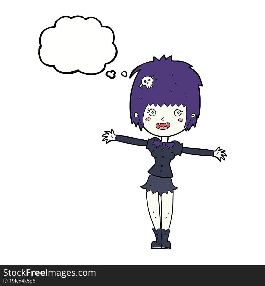 cartoon happy vampire girl with thought bubble