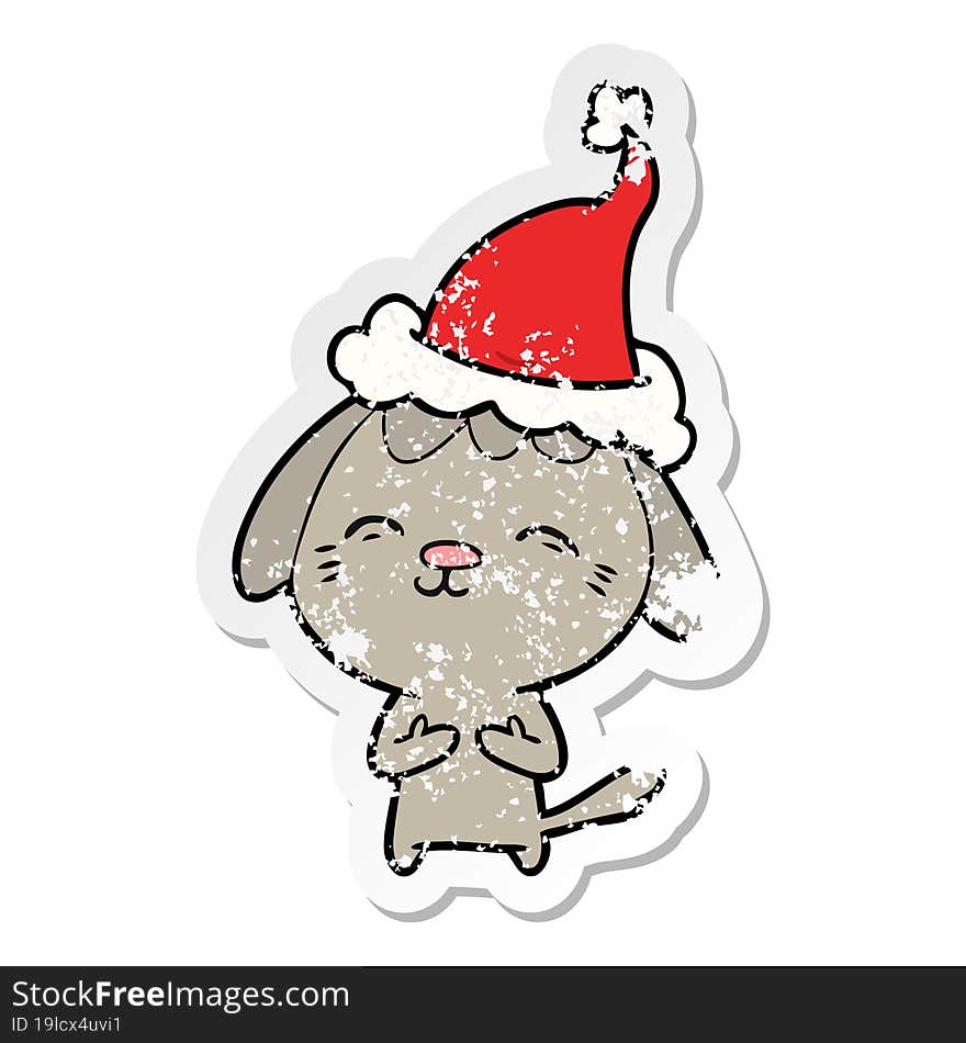 happy distressed sticker cartoon of a dog wearing santa hat