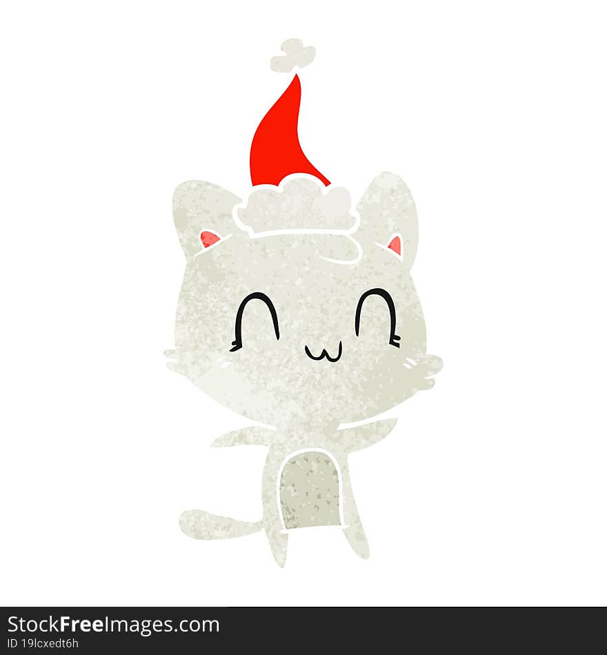 retro cartoon of a happy cat wearing santa hat