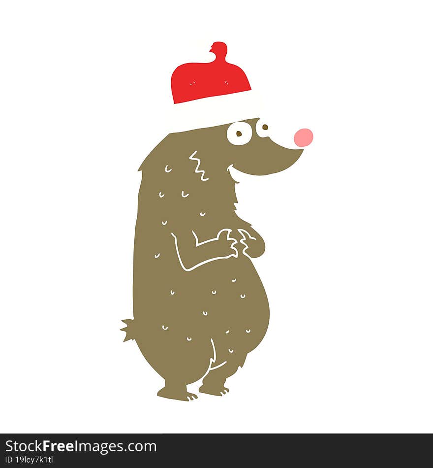 flat color illustration of a cartoon bear wearing christmas hat