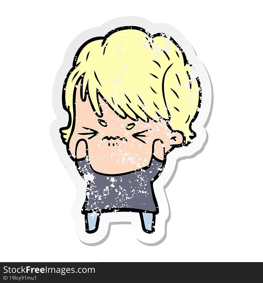 Distressed Sticker Of A Cartoon Frustrated Woman