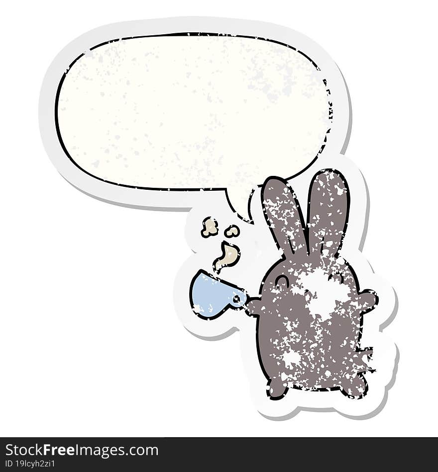 Cute Cartoon Rabbit And Coffee Cup And Speech Bubble Distressed Sticker