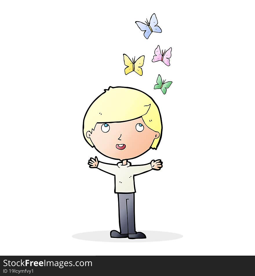 Cartoon Man And Butterflies