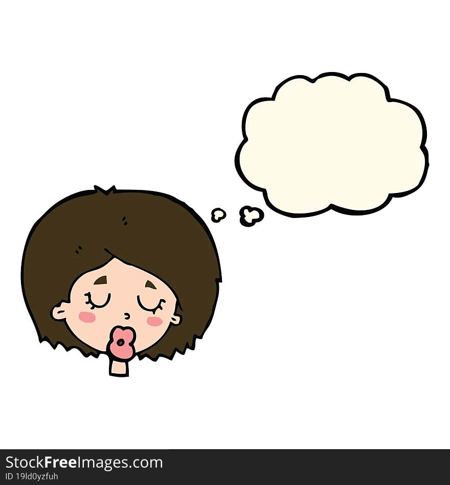 cartoon woman with eyes closed with thought bubble